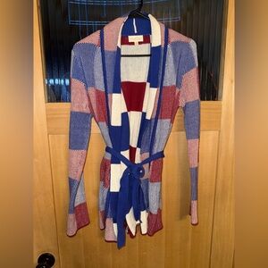 Modcloth Simply Snuggly Plaid Cardigan Belted Blue Red White Check Womens M